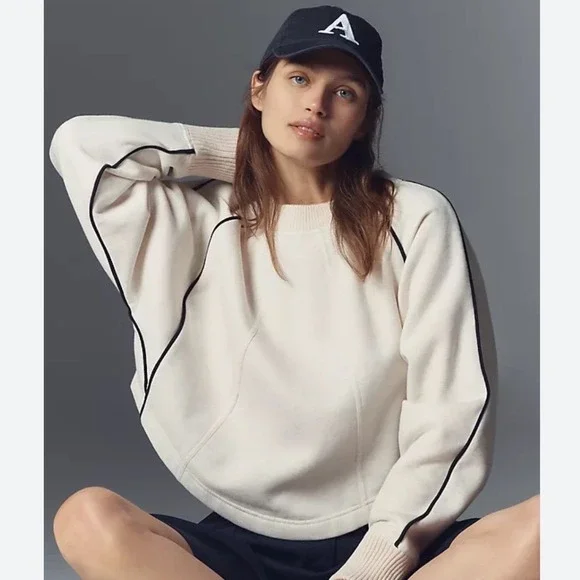 Anthropologie Maeve Paneled Warm Up Sweatshirt White Cotton Cropped Size Large - Picture 2 of 8